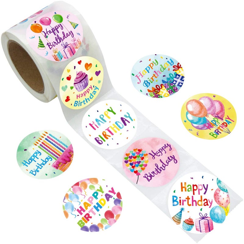 Fancy Land Watercolor Happy Birthday Stickers Perforated 500 Pcs Per Roll for Kids Party Decoration 1.5 Inches Round - Image 1